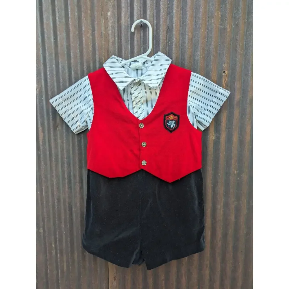 Vintage Baby Boy British Romper Black Red Velvet Vest Crest Patch Shorts Pegasus